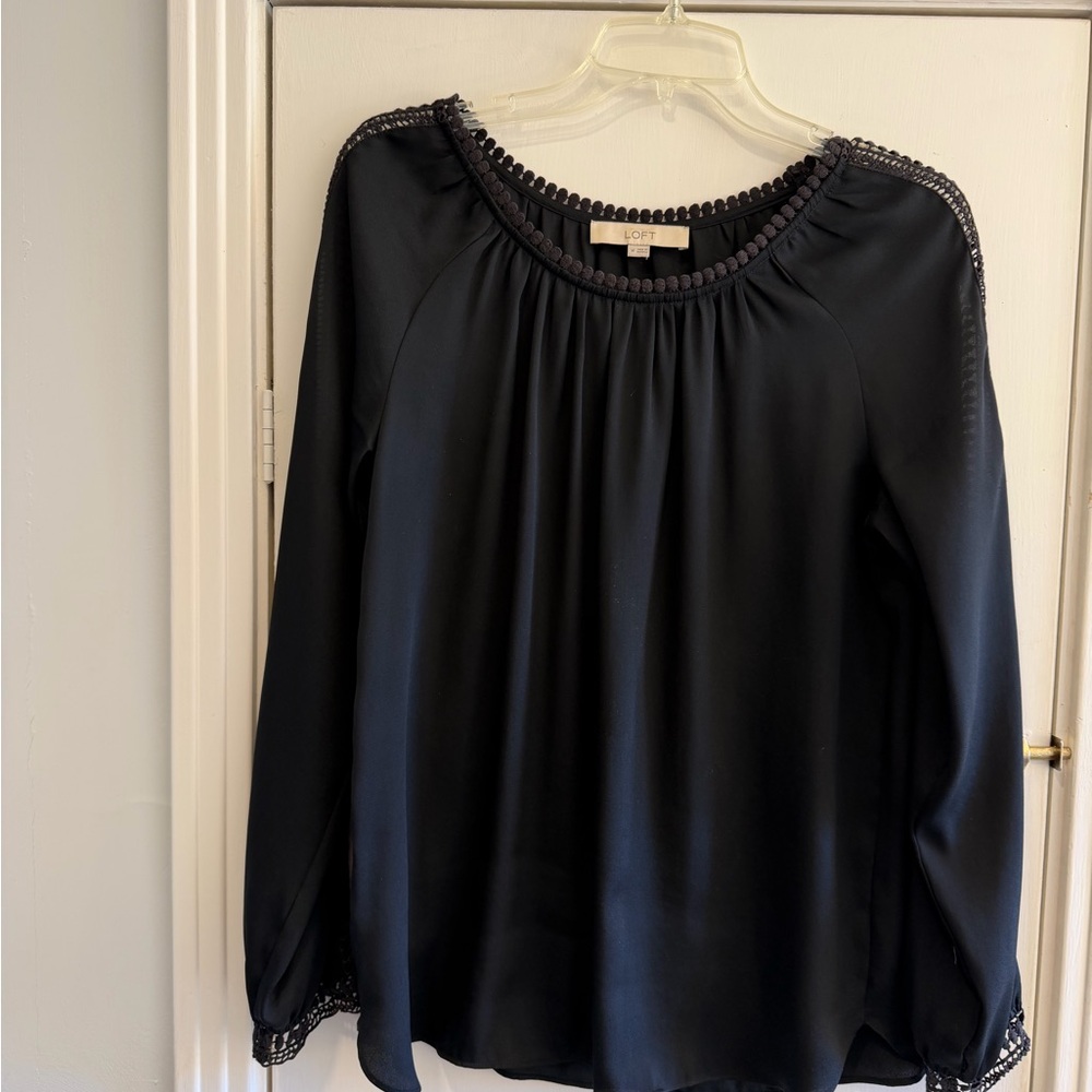 LOFT Black Blouse with Lace Trim
